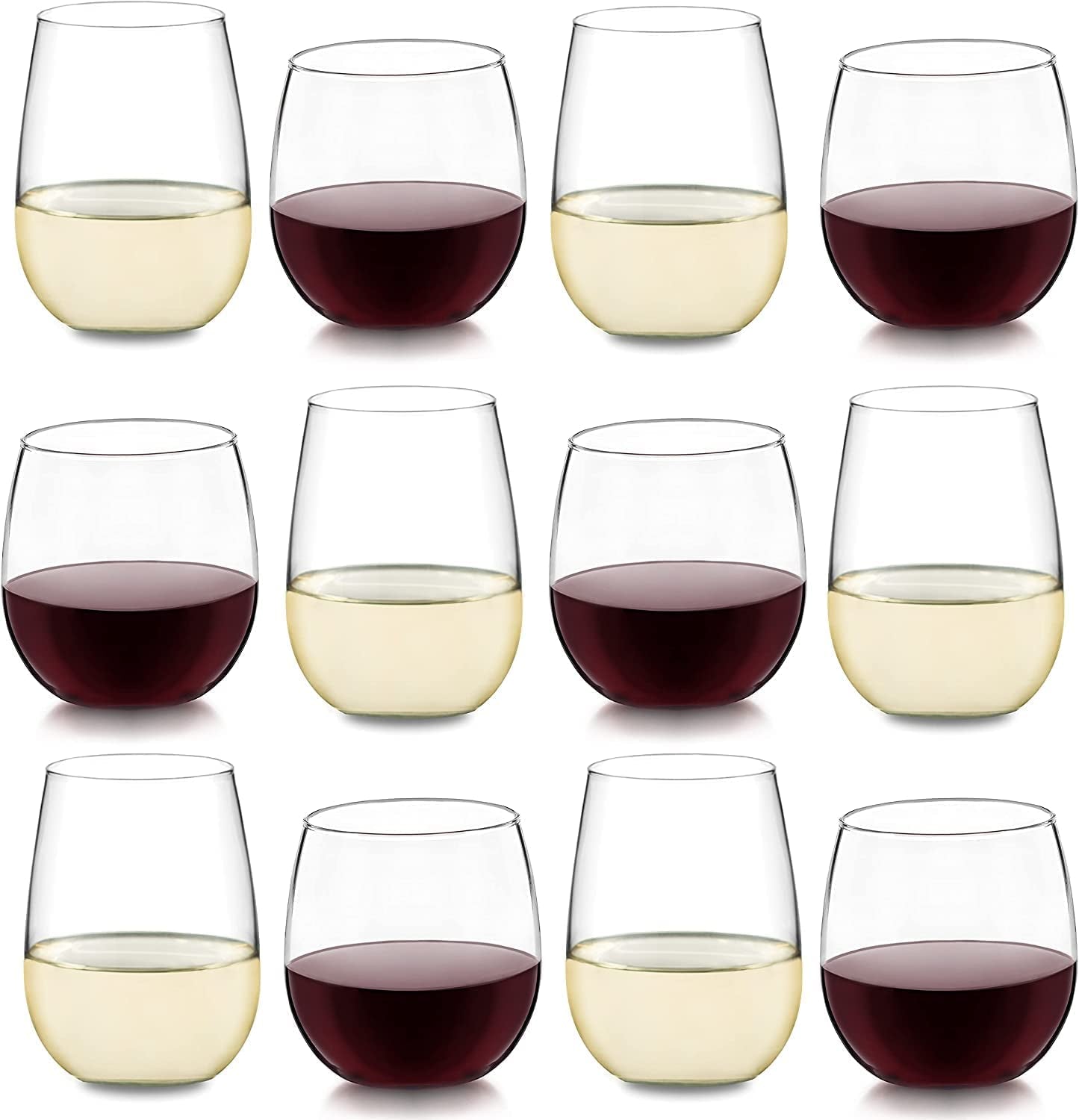 Stemless 12-Piece Wine Glass Party Set for Red and White Wines