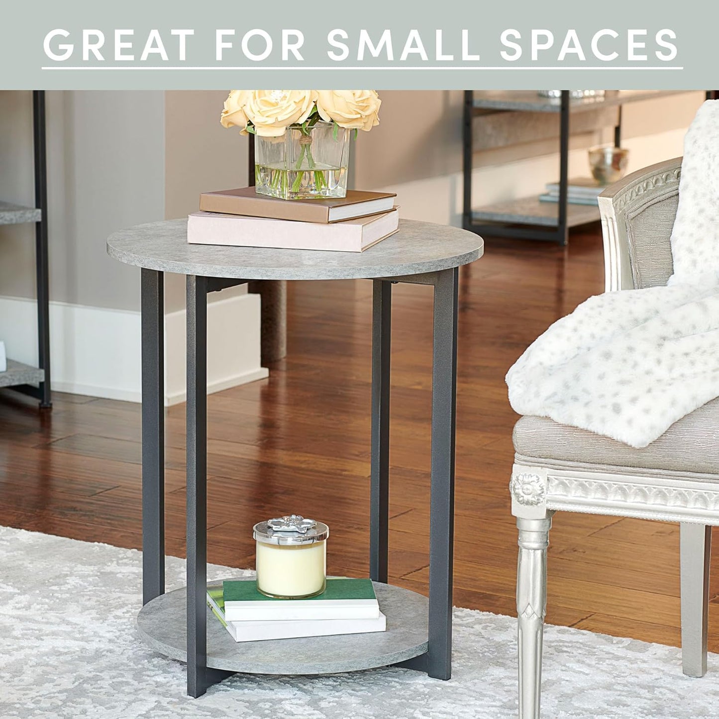 Wooden Side End Table with Storage Shelf | Slate Faux Concrete, Grey