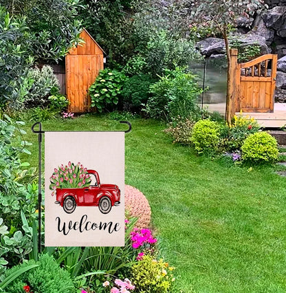 Valentine'S Day Flag Garden Banner Spring Decoration Welcome Home Decorative Love Tulips Flower Double Sided Quote House Red Truck Burlap Yard Sing Seasonal Outdoor Flag 12.5 X 18