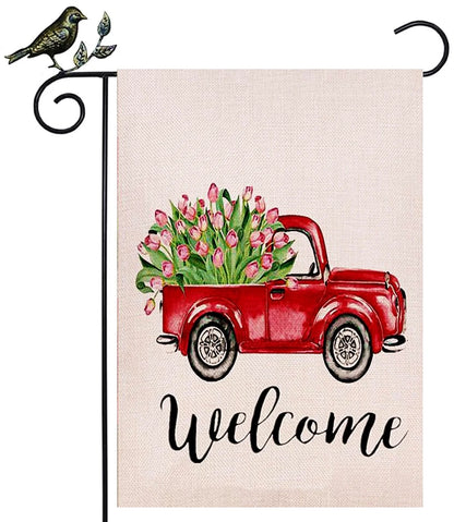 Valentine'S Day Flag Garden Banner Spring Decoration Welcome Home Decorative Love Tulips Flower Double Sided Quote House Red Truck Burlap Yard Sing Seasonal Outdoor Flag 12.5 X 18