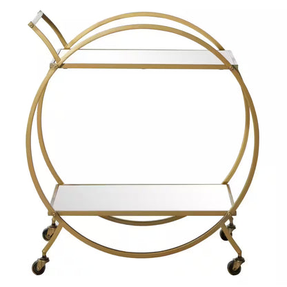 30 In. H Gold Rolling 2 Mirrored Shelves Bar Cart with Wheels and Handle