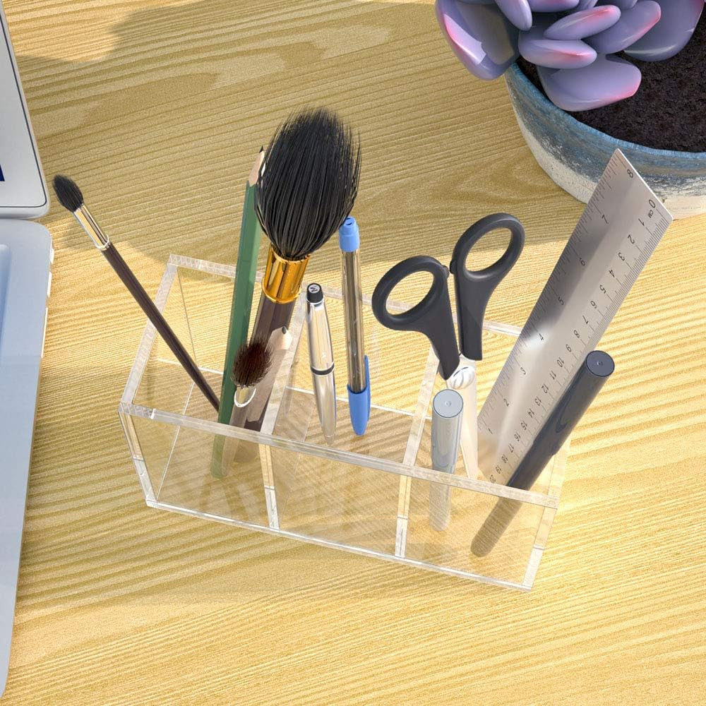 Acrylic Pen Holder 3 Compartments, Clear Pencil Organizer Cup for Countertop Desk Accessory Storage