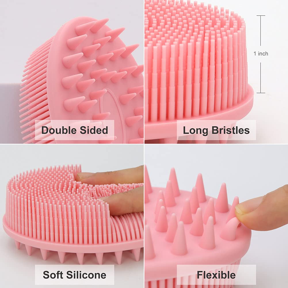 Upgrade 2 in 1 Bath and Shampoo Body Brush, Silicone Exfoliating Body Scrubber for Use in Shower, Premium Silicone Loofah, Head Scrubber, Scalp Massager, Easy to Clean (1PC Pink)