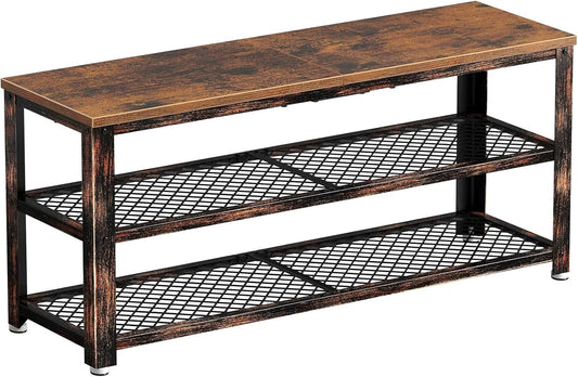 Shoe Bench, 3-Tier Shoe Rack 39.4”, Storage Entry Bench with Mesh Shelves Wood Seat, Rustic Foyer Bench for Hallway Front Door, Doorway, Living Room, Mudroom, Steel Frame, Rustic Brown