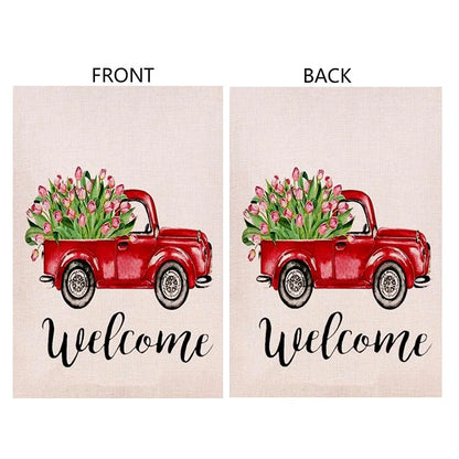 Valentine'S Day Flag Garden Banner Spring Decoration Welcome Home Decorative Love Tulips Flower Double Sided Quote House Red Truck Burlap Yard Sing Seasonal Outdoor Flag 12.5 X 18