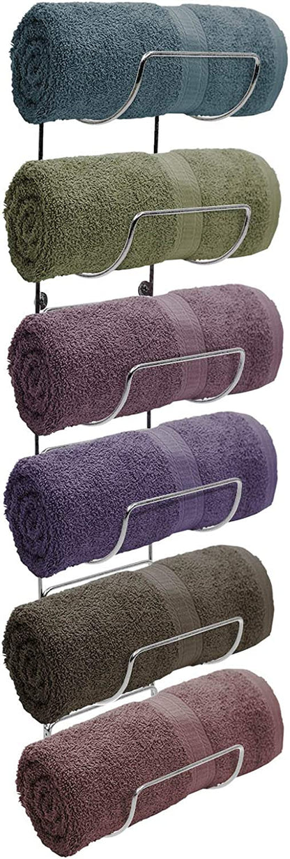 Towel Rack Wall Mount – 6 Compartments of Silver Metal Towel Holder for Bathroom Decor Sets, Organizer for Linens, Gym, Rv, Door, Cabinet - Wine Rack Wall Mounted for Kitchen, Bar, Wine Cellar