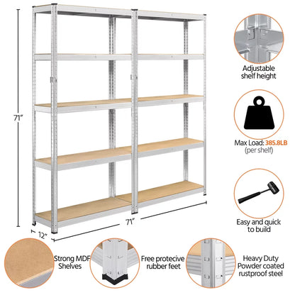 2PCS 5 Tiers Adjustable Storage Shelf Units for Garage, 35.5″ L*12″ W*71″ H, Black