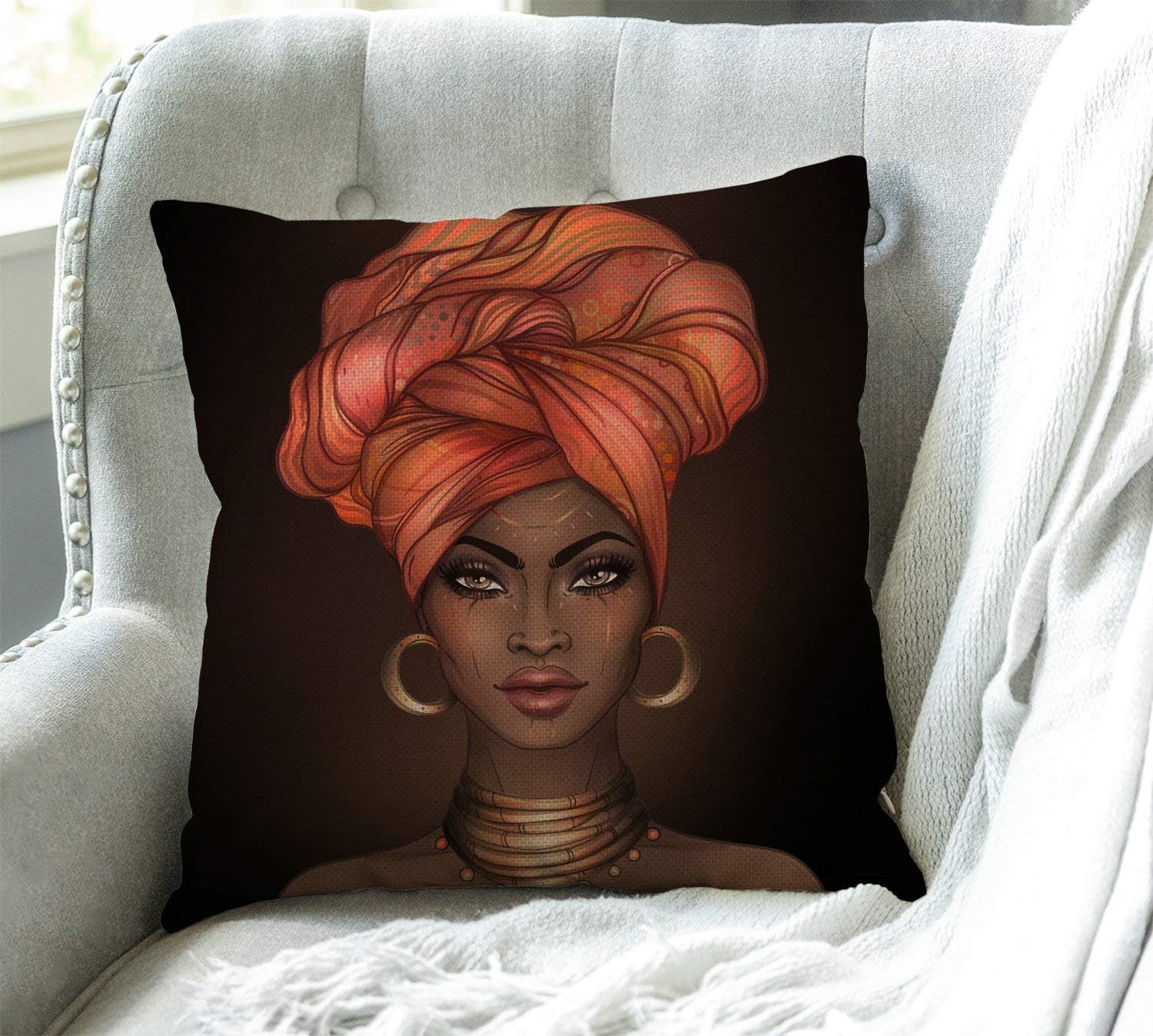 African American Woman Pretty Girl Throw Pillow Cover Cushion Case for Home Decor Sofa Couch 18" X 18" Inch Cotton Linen Farmhouse Decorations