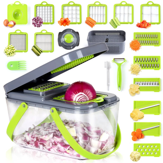 22 in 1 Vegetable Chopper, Multifunctional Onion Chopper Food Cutter Dicer Mandolin Slicer with Container and Colander Drain Basket - 13 Stainless Steel Blades