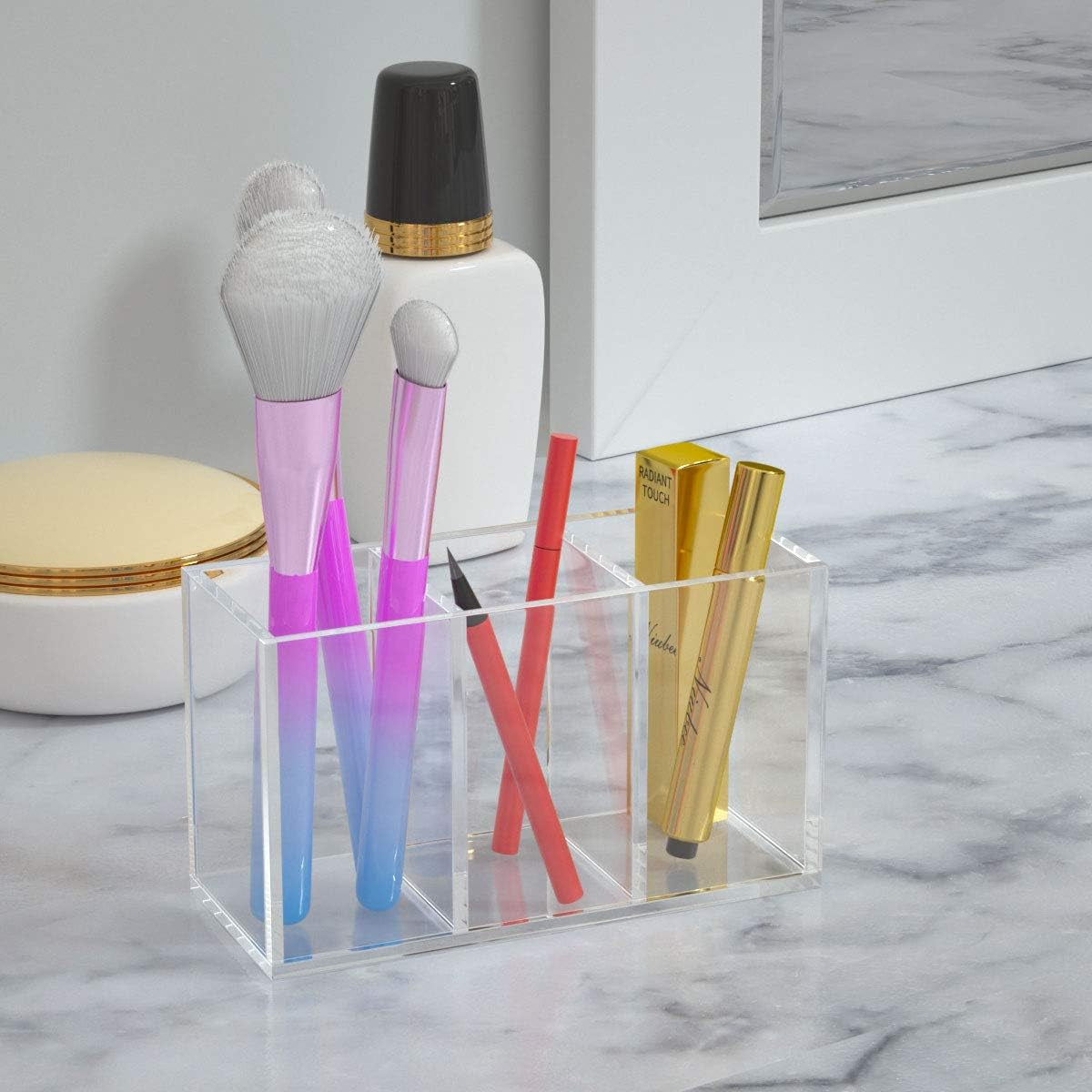 Acrylic Pen Holder 3 Compartments, Clear Pencil Organizer Cup for Countertop Desk Accessory Storage