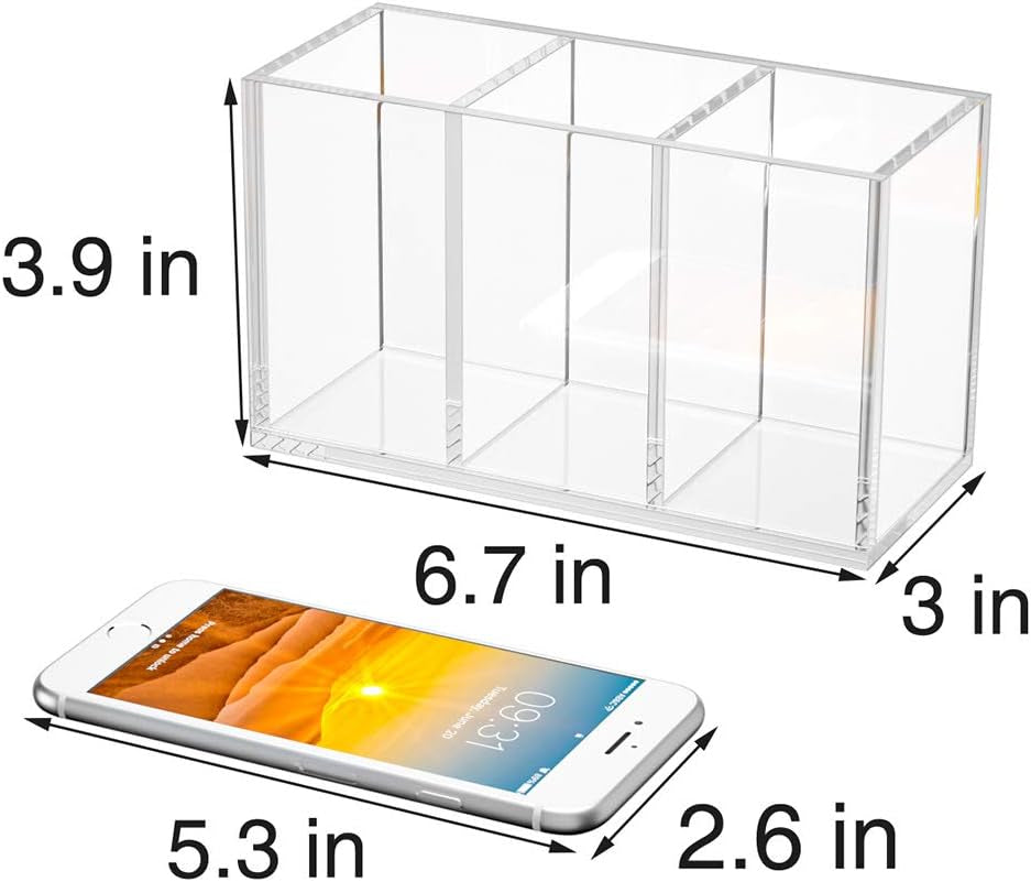 Acrylic Pen Holder 3 Compartments, Clear Pencil Organizer Cup for Countertop Desk Accessory Storage