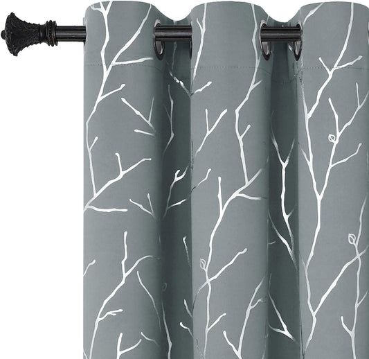 Light Grey Blackout Bedroom Curtains,Black Out Curtains 63 Inch Long 2 Panels,Window Curtains Panels,Thermal Insulated Windproof Elegant Tree Branches Silver Print Drapes 38W X 63L