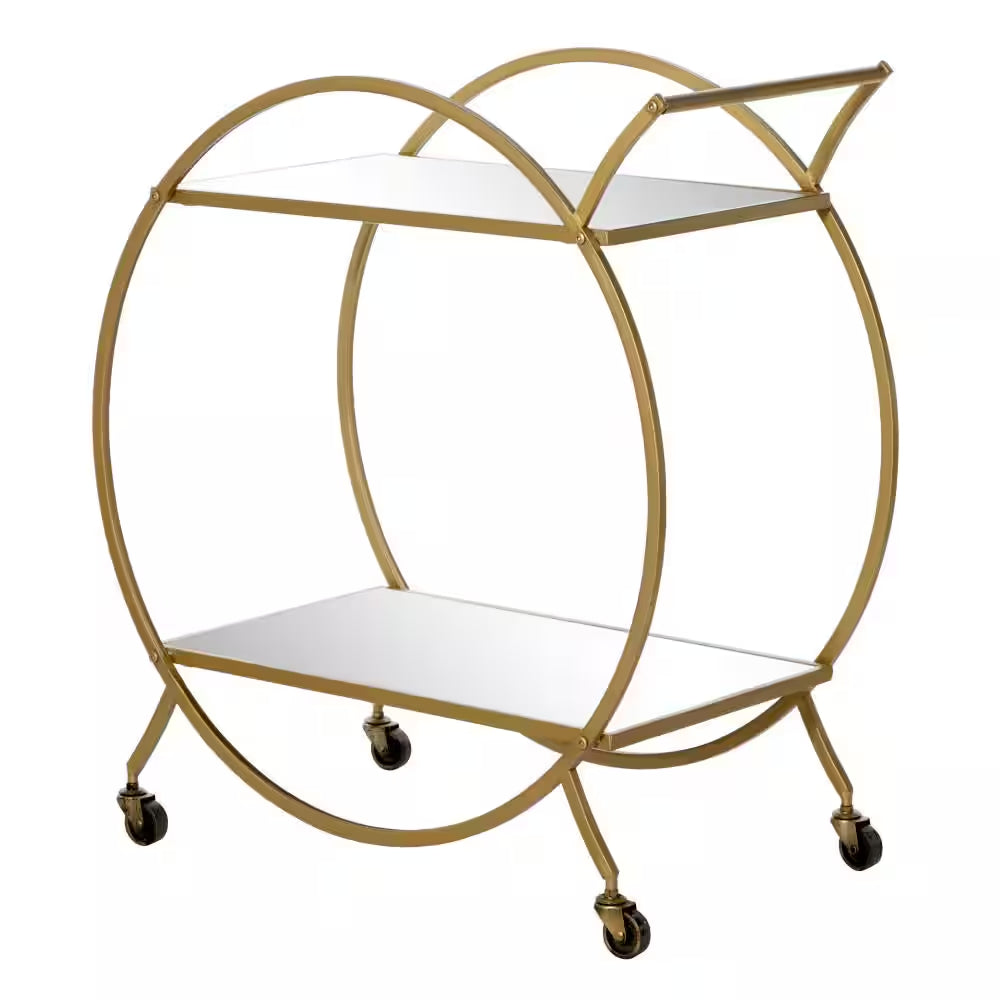 30 In. H Gold Rolling 2 Mirrored Shelves Bar Cart with Wheels and Handle